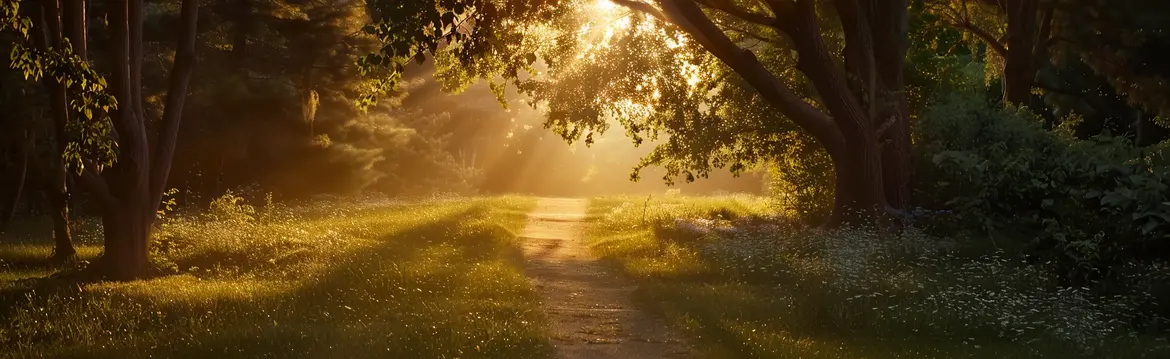 Un chemin dans les bois, se dirigeant vers une clairière ensoleillée.