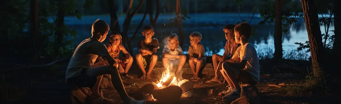 Un groupe d'enfants installés autour d'un feu de camp, en pleine nature.